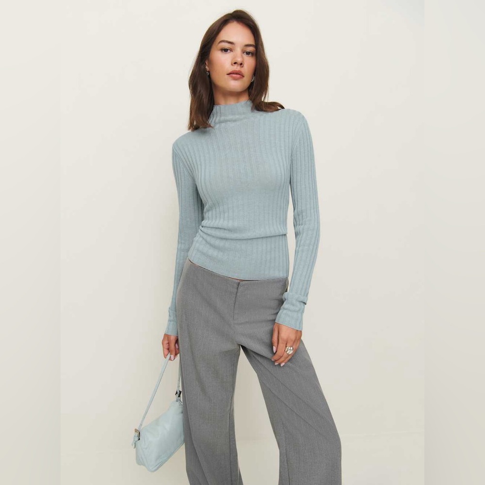 Reformation Light Blue Ribbed Mock Neck Sweater